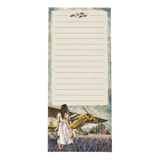 Sienna — lined shopping list pad with a girl beside a yellow plane by Maria Magdalena Oosthuizen | kitchen stationery gift | House of Maria