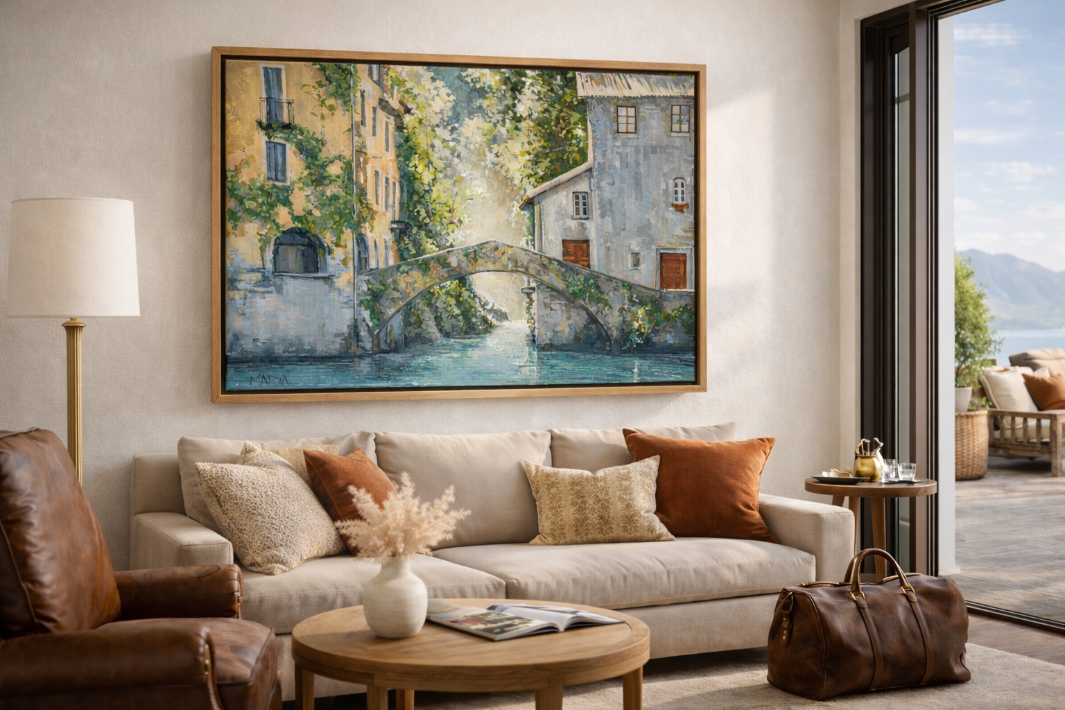 Living room with a large painting of a canal scene on the wall above a beige sofa. ONE OF MARIA'S PAINTINGS FROM HOUSE OF MARIA