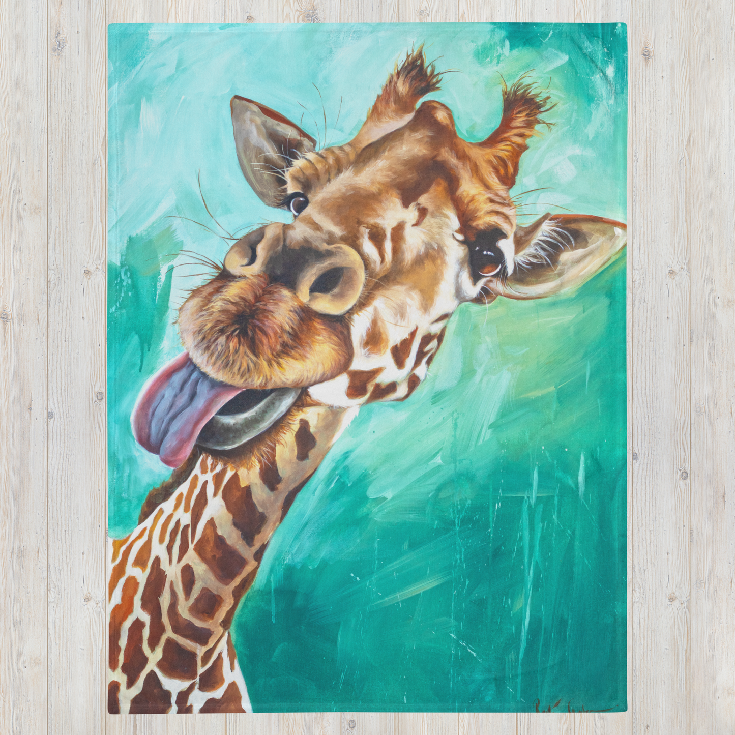 Painting of a giraffe with a tongue out on a teal background