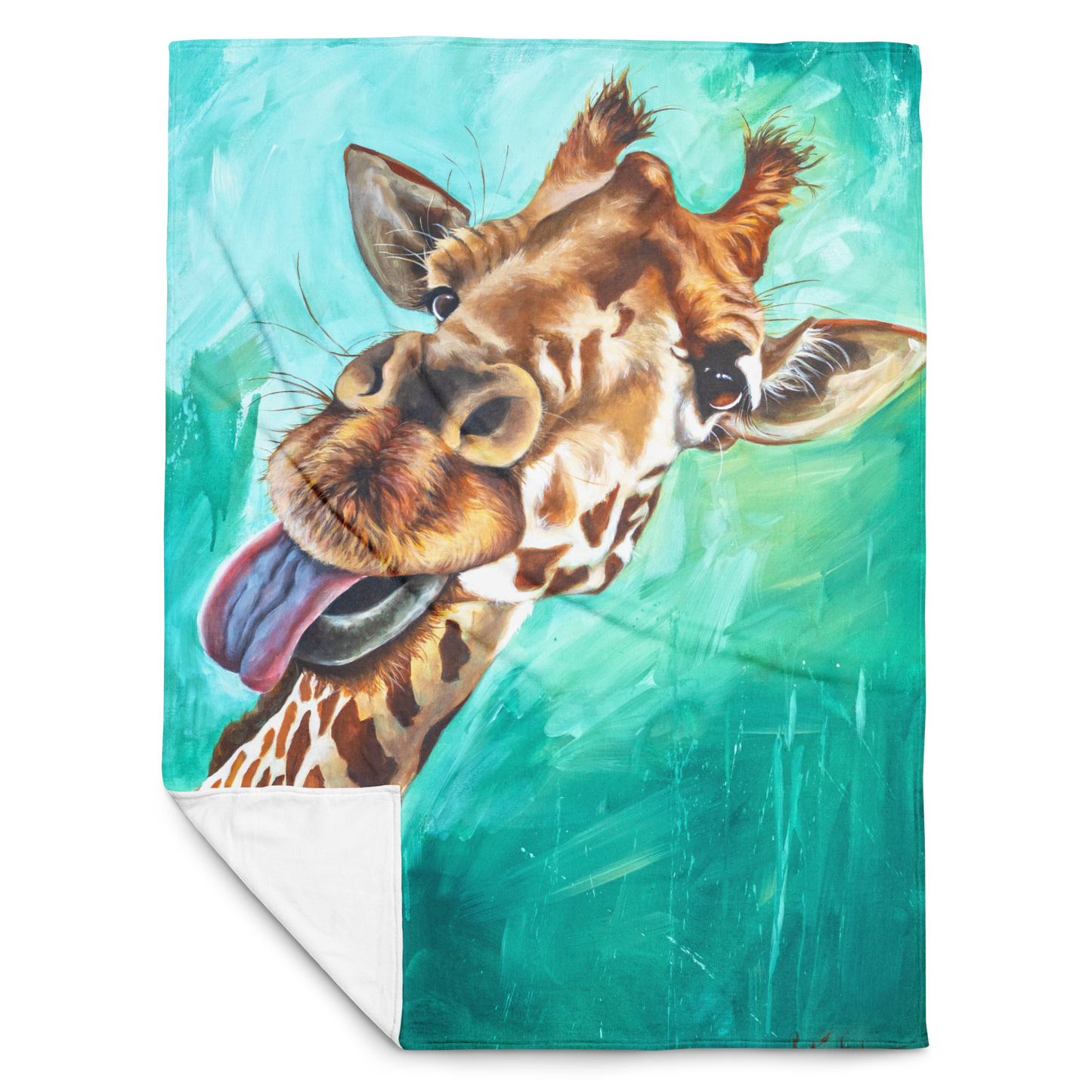 Giraffe blanket with a turquoise background