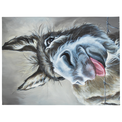 Close-up painting of a donkey's face with a gray background