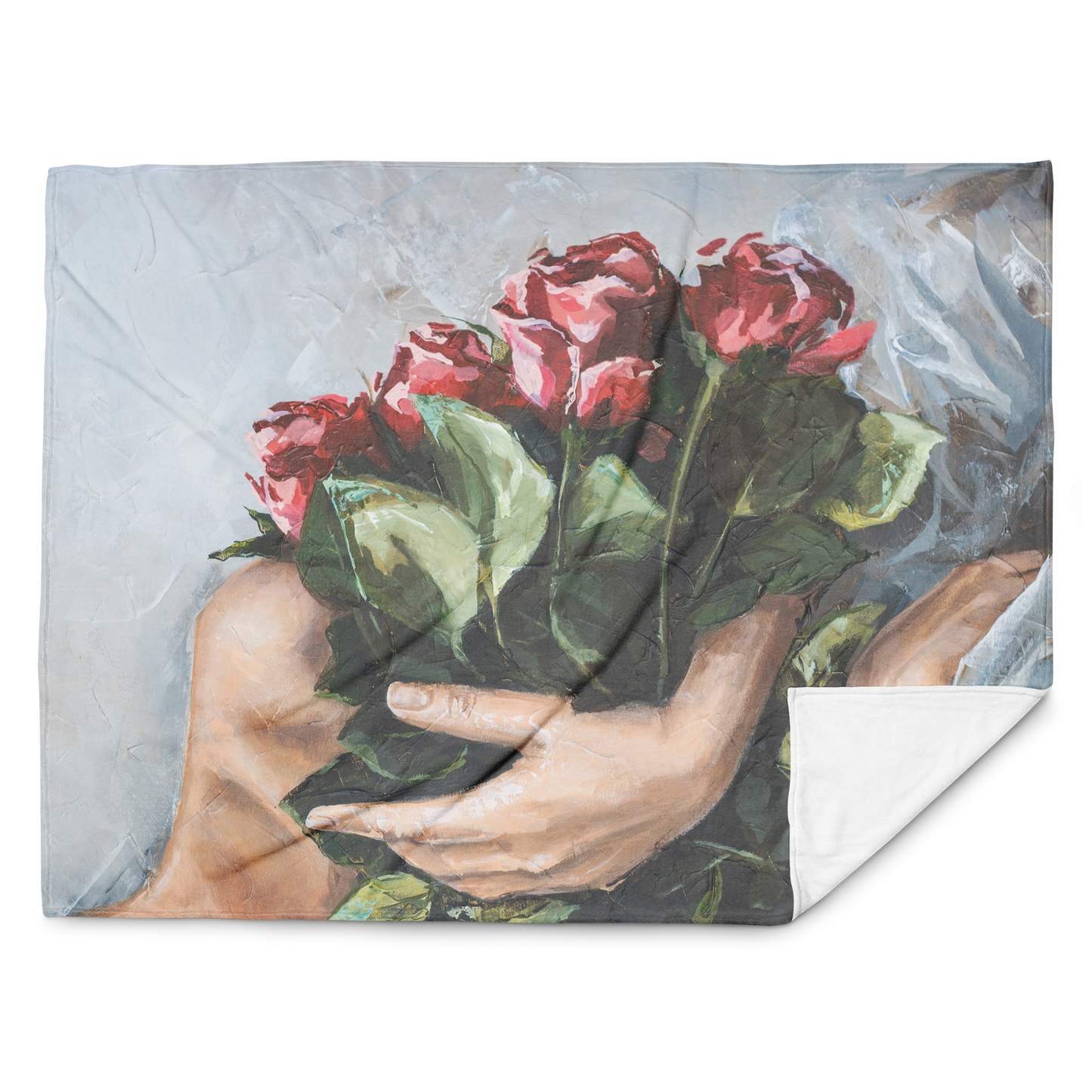 Red Roses — full blanket flat lay showing rich red rose artwork by Maria Magdalena Oosthuizen | South African floral fleece blanket | House of Maria