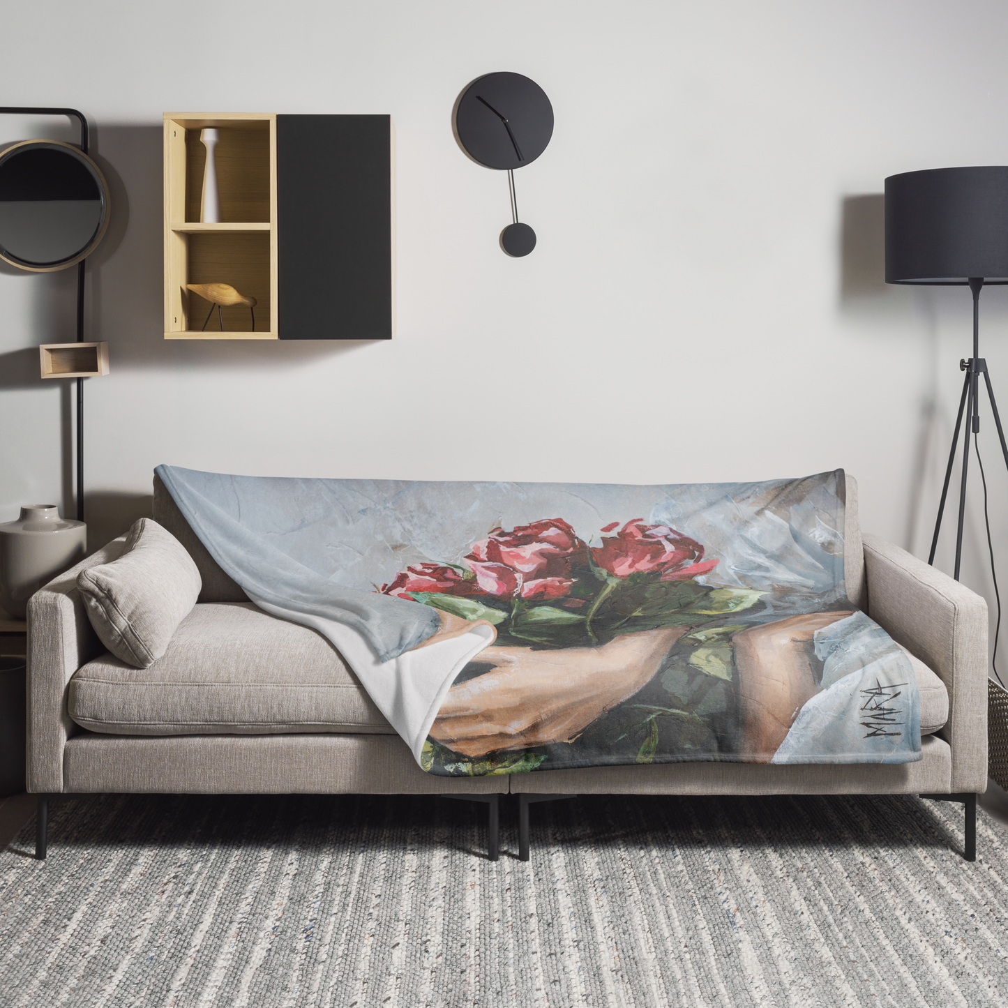 Red Roses — fleece blanket styled in a cosy living room setting by Maria Magdalena Oosthuizen | floral art gift South Africa | House of Maria