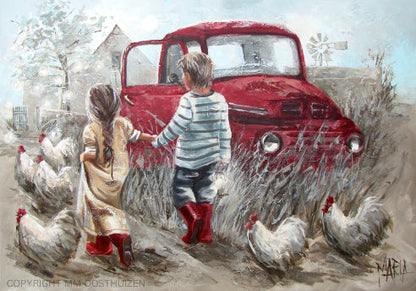 A artwork depicting a boy and a girl standing by a red vehicle in a farm setting, with chickens around.
