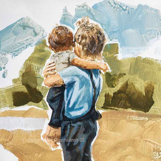 Brotherhood original acrylic painting two brothers together in the Karoo by Maria Magdalena Oosthuizen