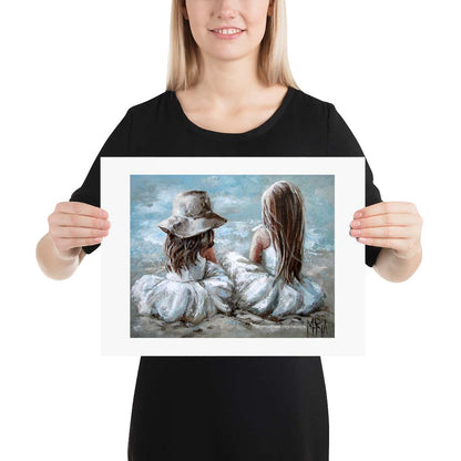 Detail of A Gaze art print showing two girls in white dresses against a blue ocean background.