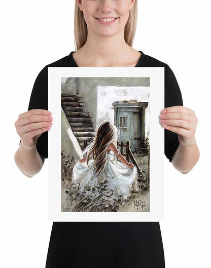 Fine art print of a girl in a white dress standing by a staircase, predominantly in shades of white and gray with a splash of color.Maria  - House of Maria 