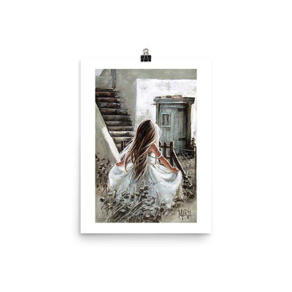 Fine art print of a girl in a white dress standing by a staircase, predominantly in shades of white and gray with a splash of color.Maria  - House of Maria 